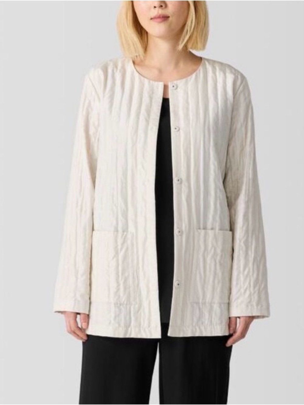Eileen Fisher Ivory Silk Quilted Snap Front Jacket Coat Medium Quiet Luxury